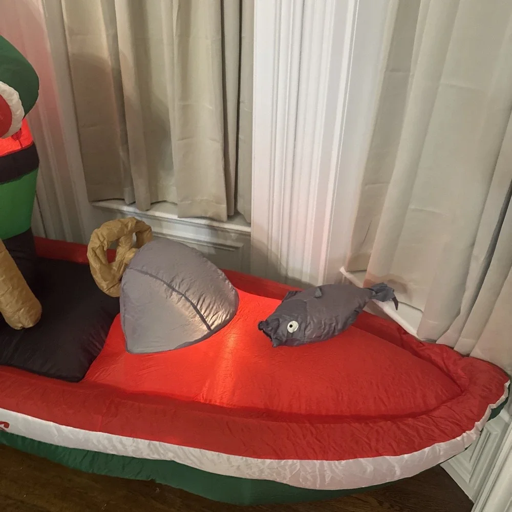 INFLATABLE‎ Christmas SANTA Claus FISHERMAN BOAT HOOKED ON CHRISTMAS LIGHTED 8ft
